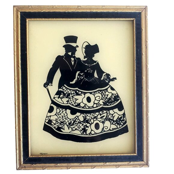 Vintage Silhouette Framed "Colonial Courtship" Reverse Painted Glass Art Decor - Picture 7 of 7